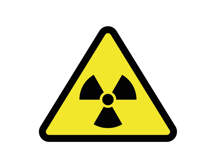 Symbol used to label radioactive waste which is composed of a yellow triangle outlined in black with a black fan like symbol in the middle