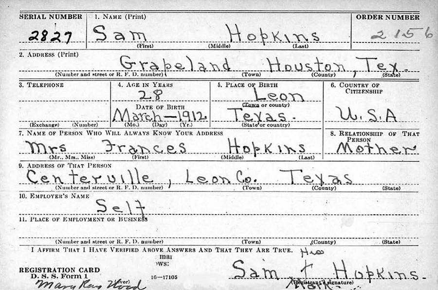 Lightnin' Hopkins Draft Card, page one