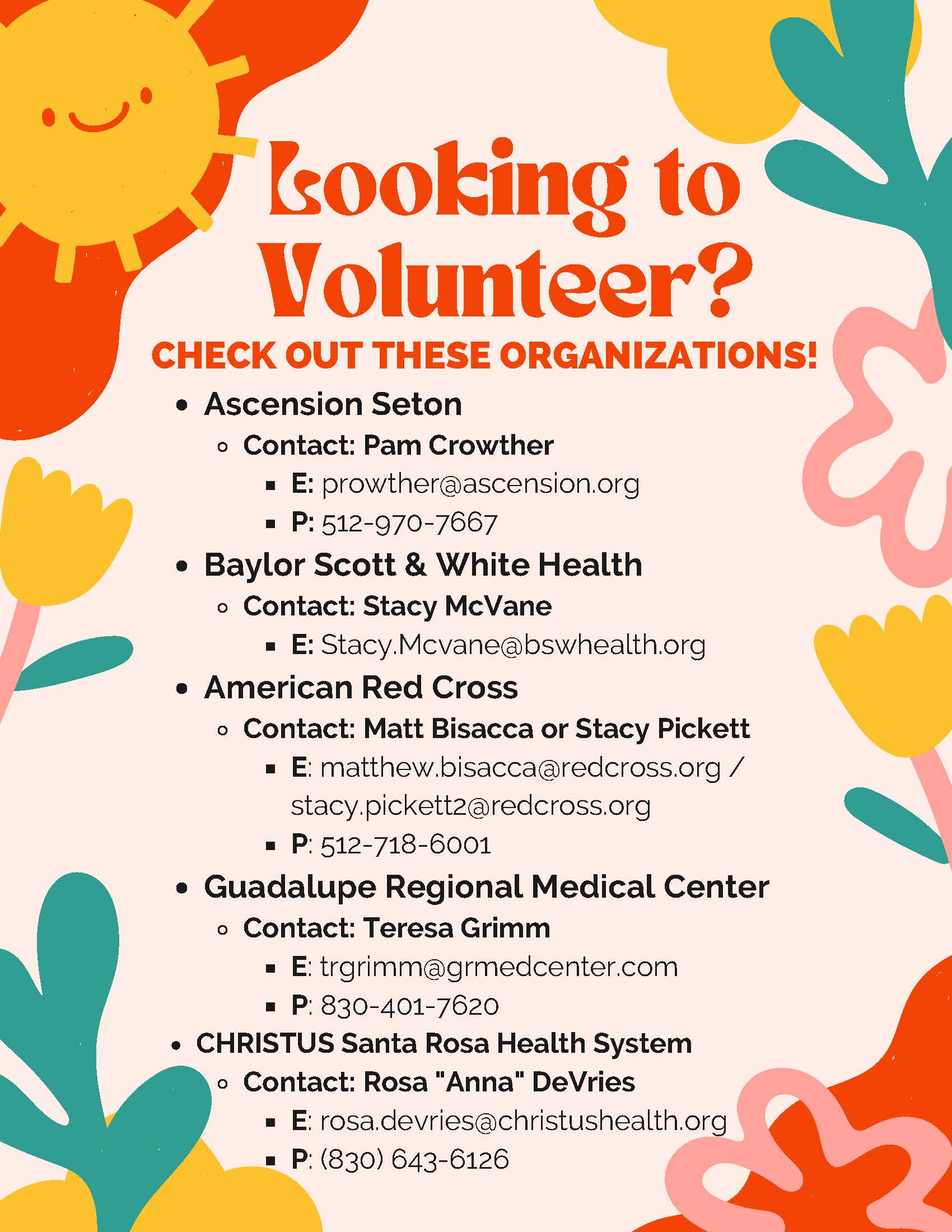 Volunteer flyer with list of available medical facilities