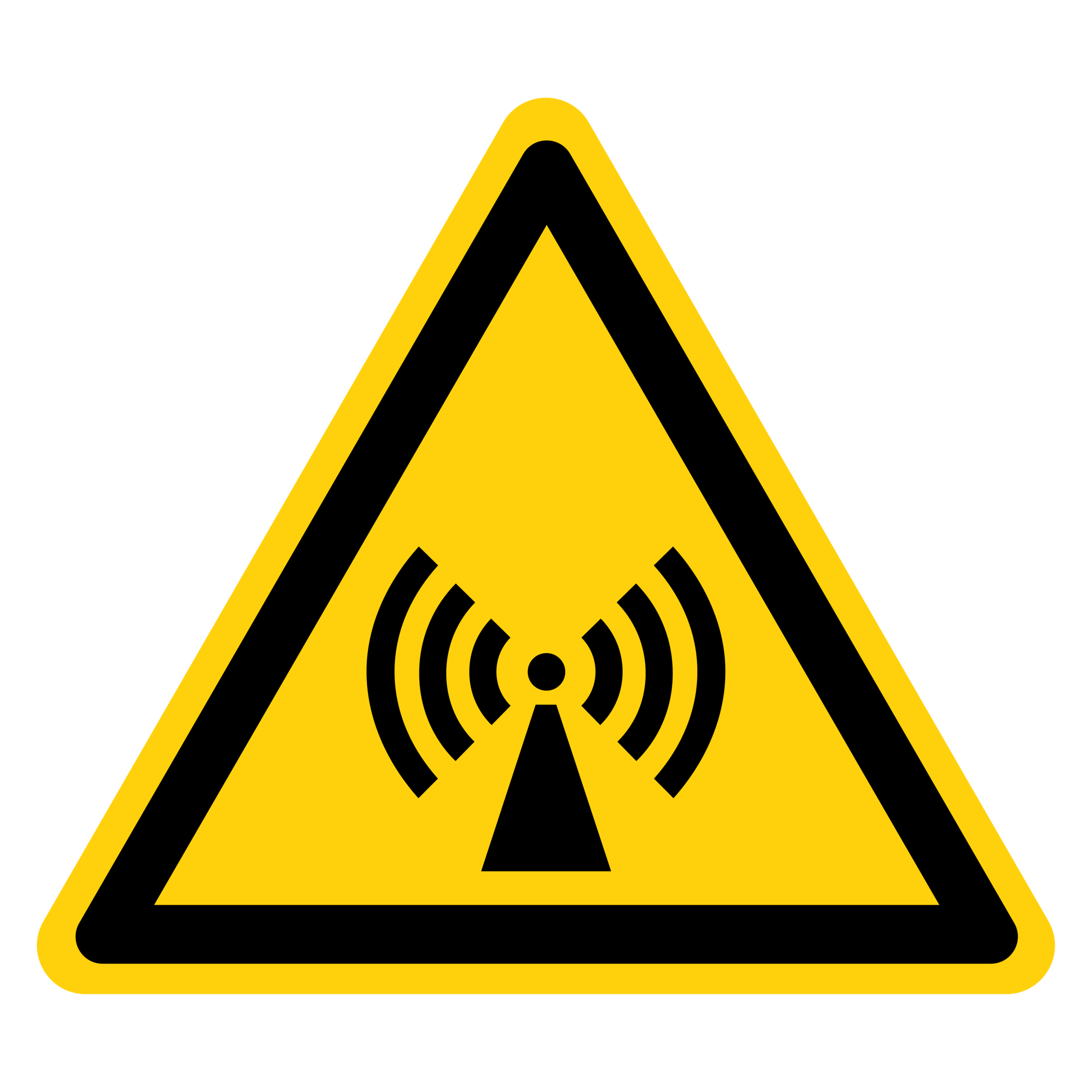 Yellow triangle sign with a black border and a black symbol of a tower emitting radiation