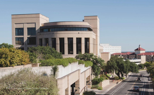 An exterior photo of the McCoy College of Business at Texas State University.