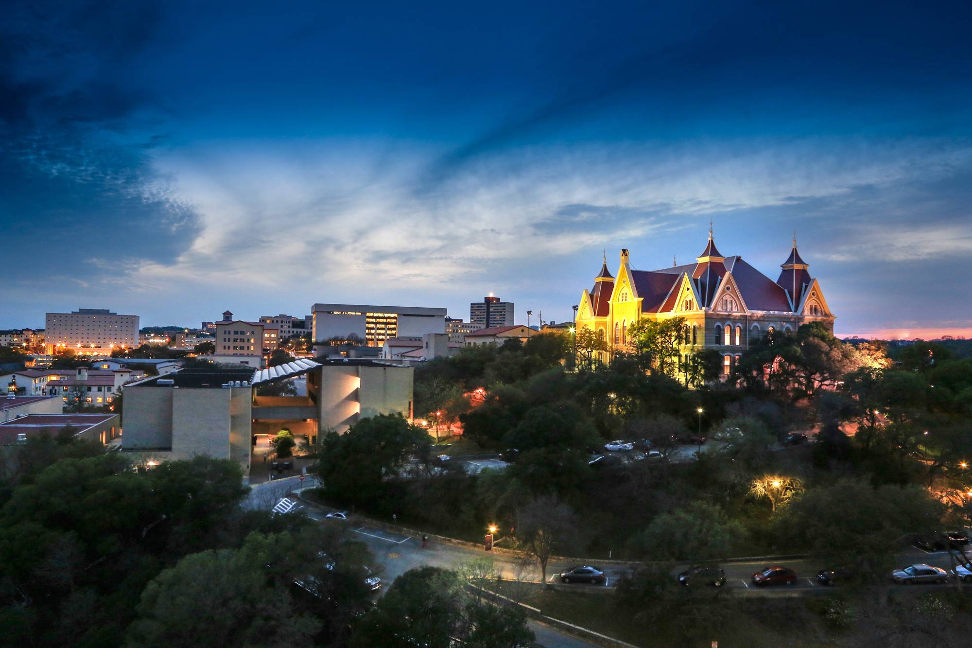 View of Texas State campus at dusk