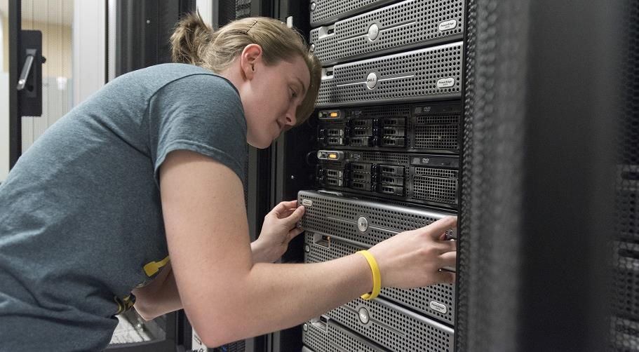 A student working on a server