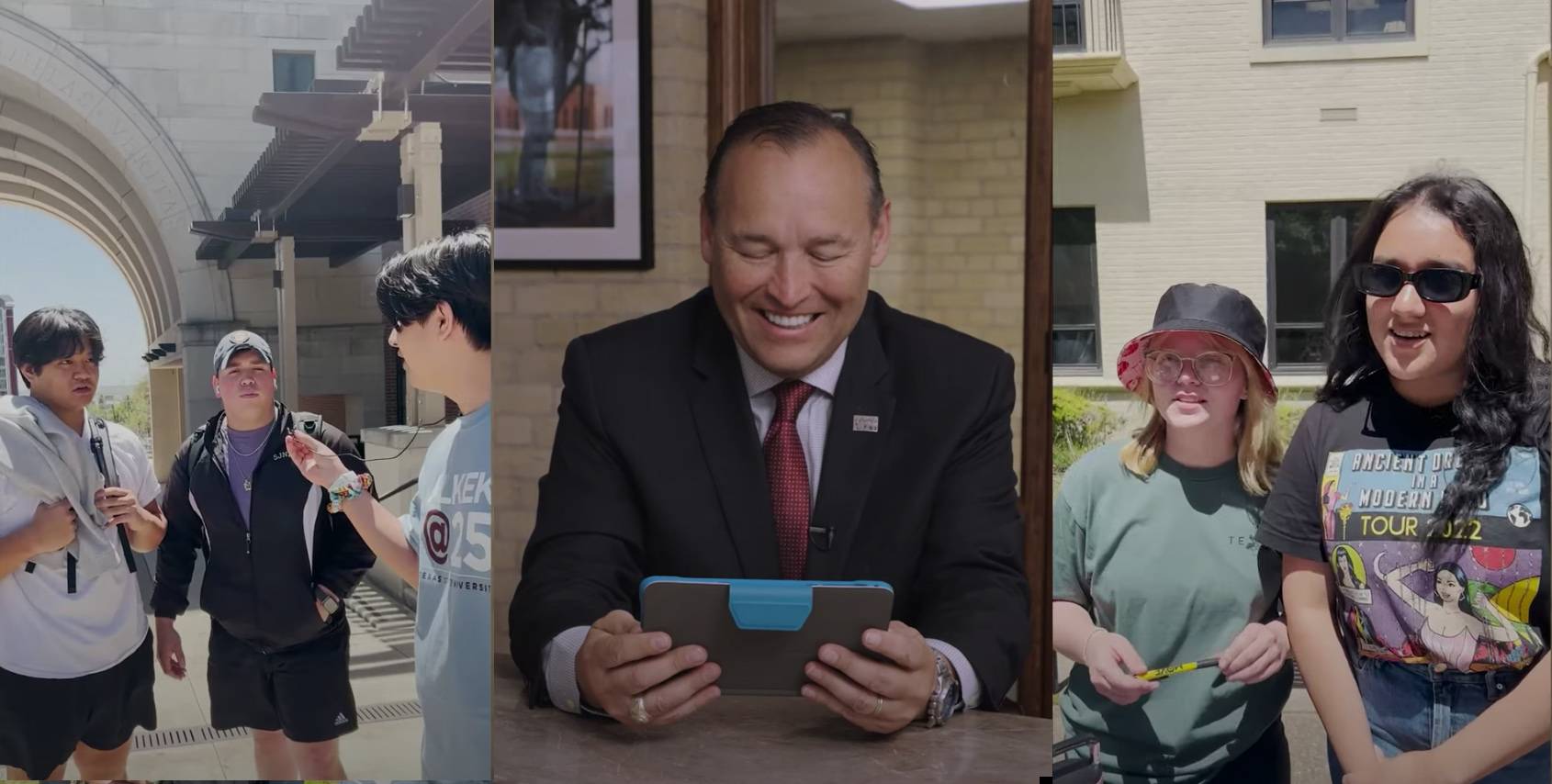 composite photo of man looking at phone and two photos of people being interviewed