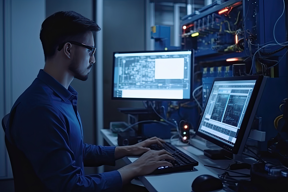 A man sitting in front of a computer.