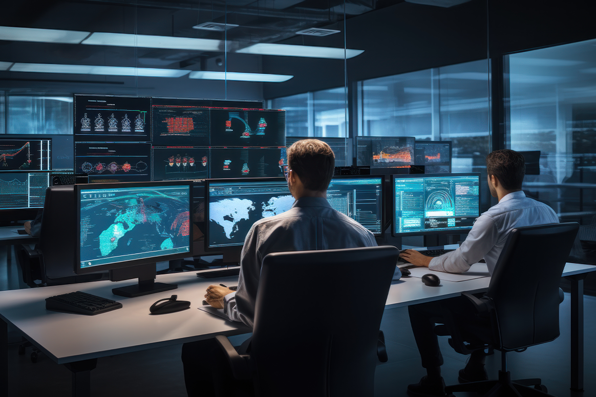 People sitting in front of computers in a dark room. 