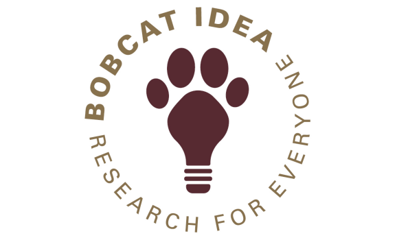 Bobcat IDEA Logo- A pawprint shaped like a lightbulb with the text Bobcat IDEA Research For Everyone Circling it