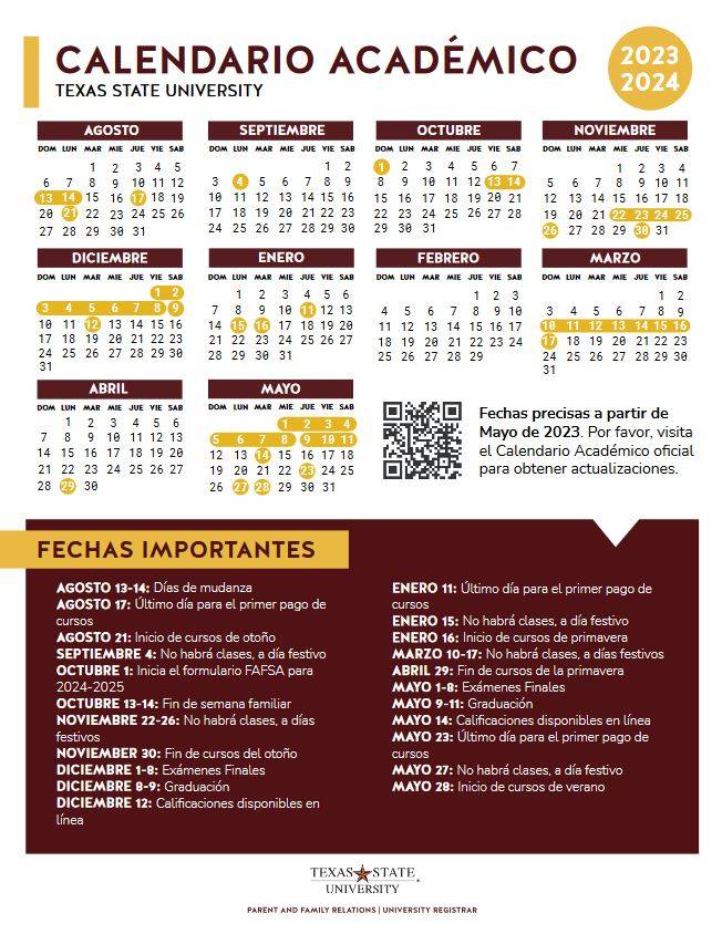 Parent and Family Relations Academic Calendar Image en espanol