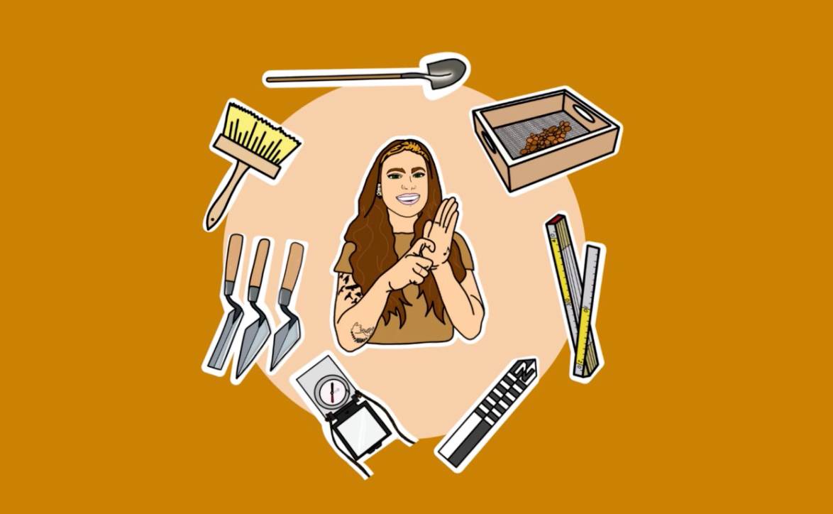 digital animation of a woman doing ASL with archeology tools around her
