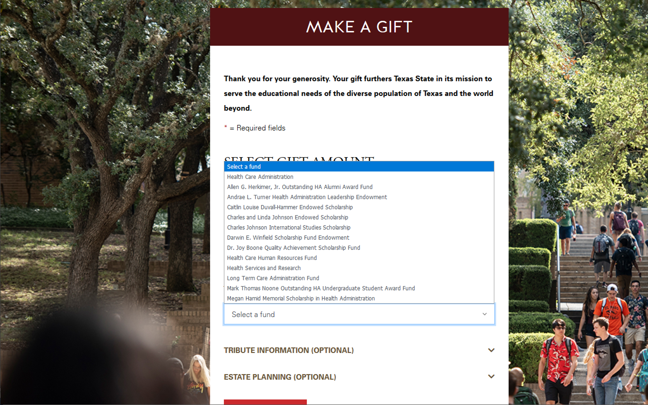 Screenshot and clickable link to the University donation webpage