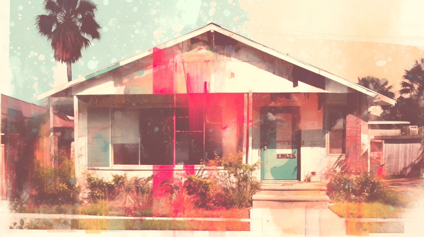 A stylized photo of a modest home with a palm tree in front.