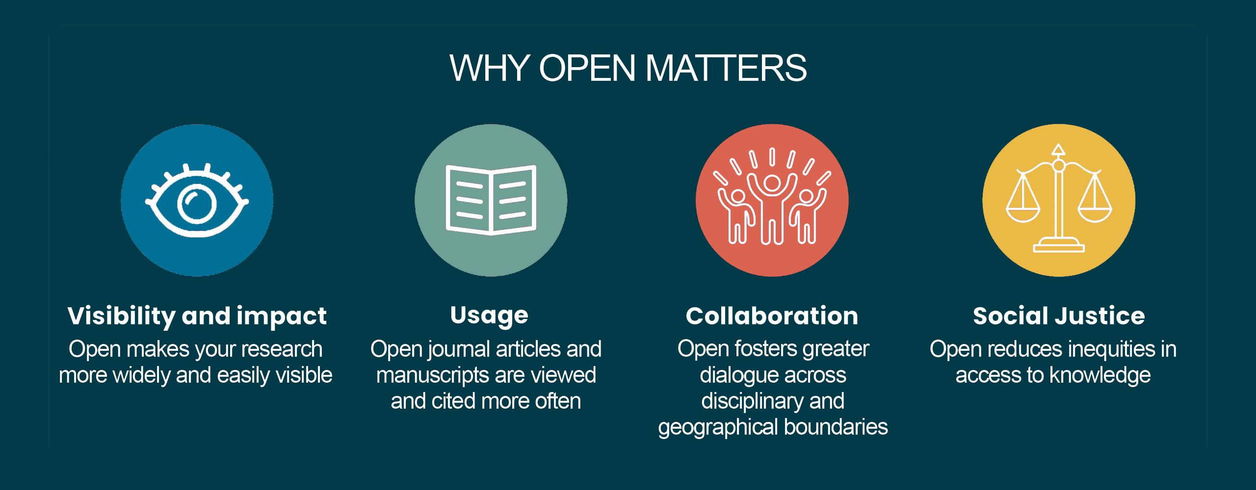 infographic on why open matters, visibility and impact, usage, collaboration, and social justice