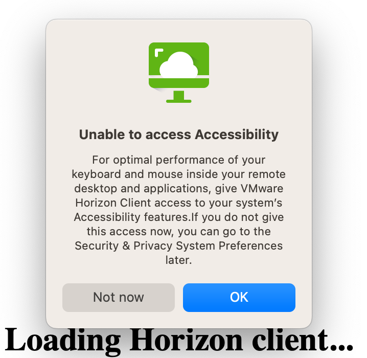  A picture of the unable to access accessibility alert