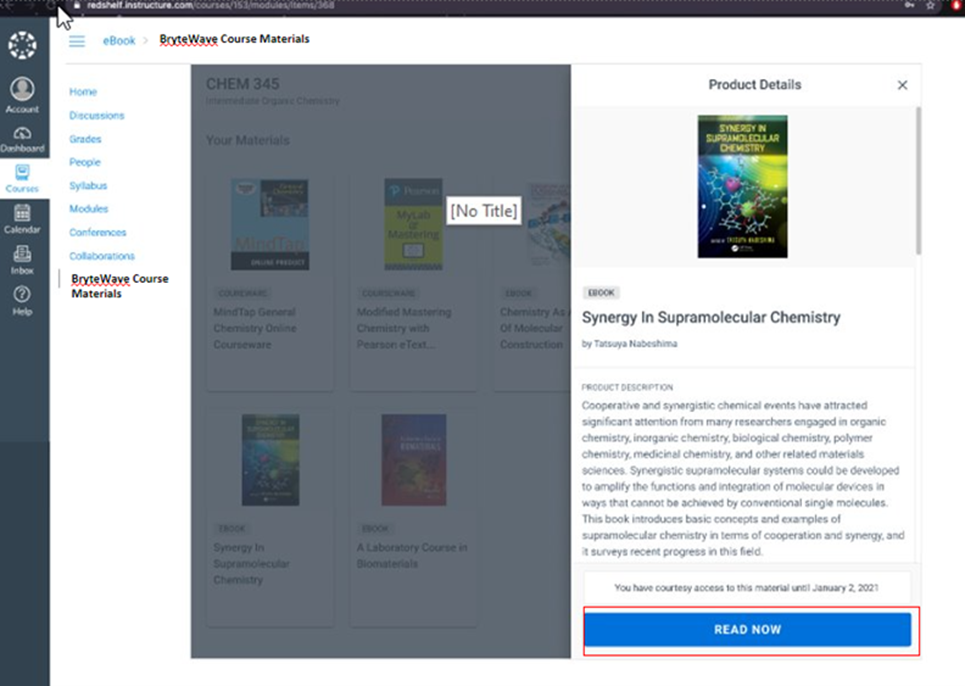 Picture of BryteWave Course Materials with the Readnow button highlighted