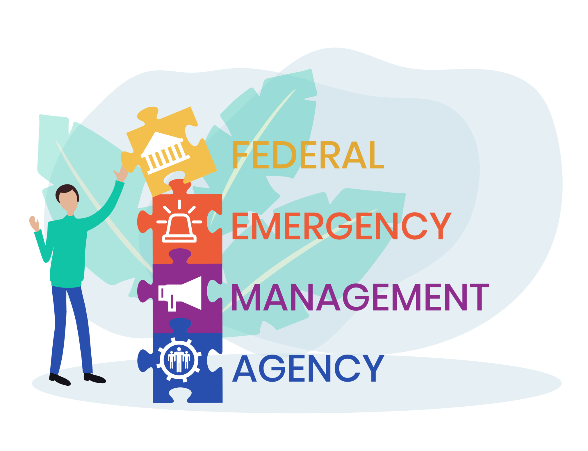 Small graphic showing a cartoon person puttign together puzzle pieces that represent the Federal Emergency Management Agency, FEMA. 