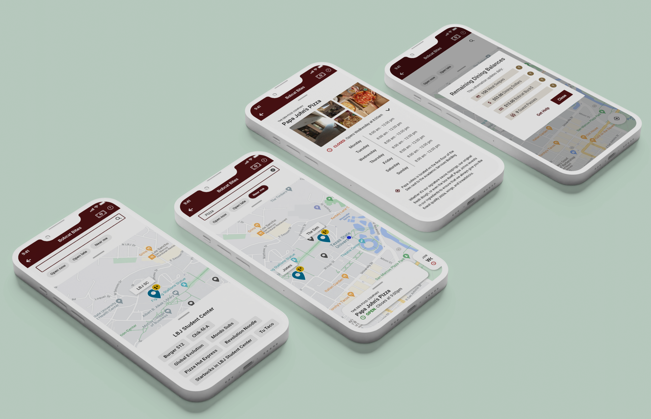 four phones displaying different dinning screens 