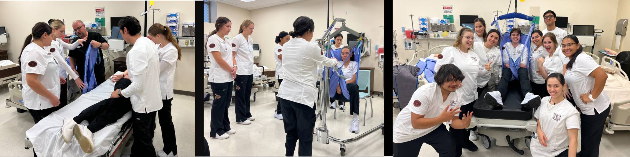 Nursing students practicing patient mobility in sim lab