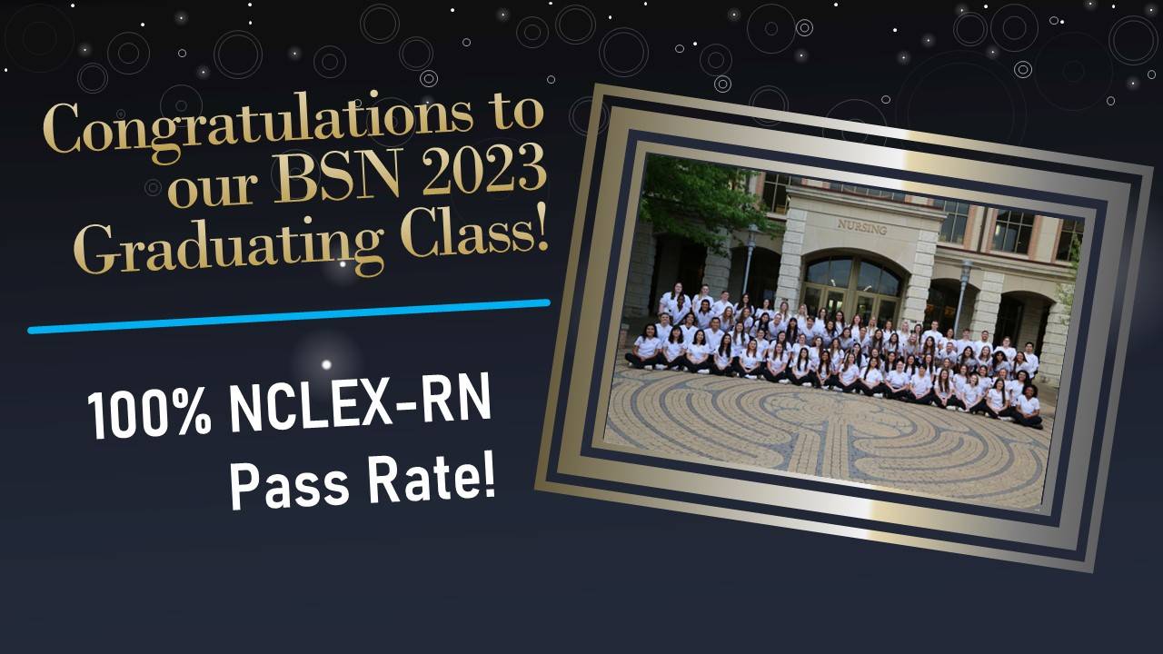Slide announcing 100% NCLEX-RN pass rate for BSN 2023 graduating class