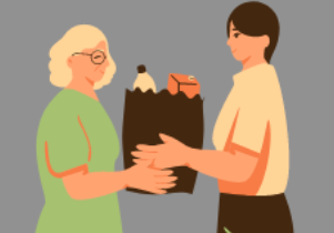 cartoon of person handing woman groceries