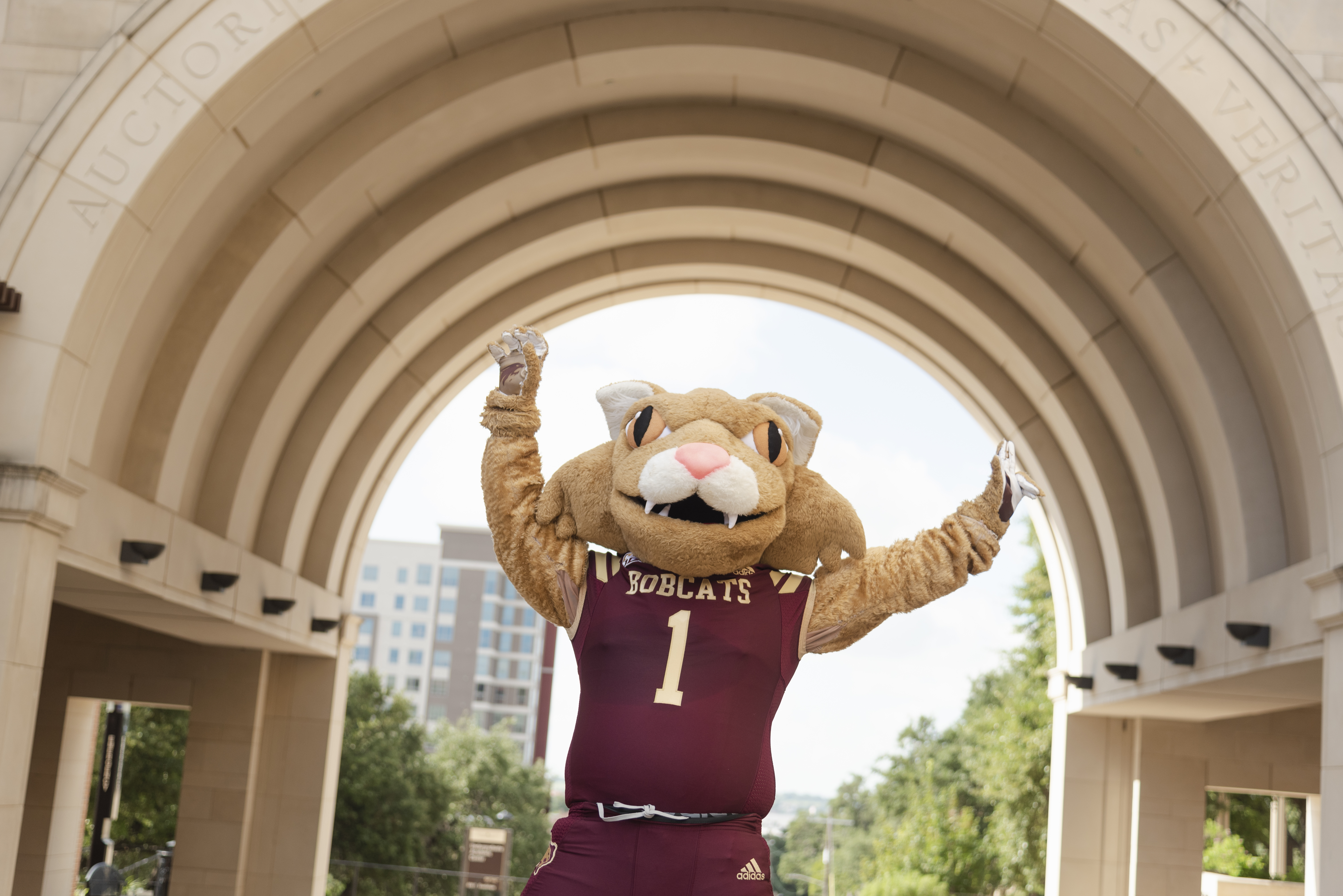 Boko in front of arch 