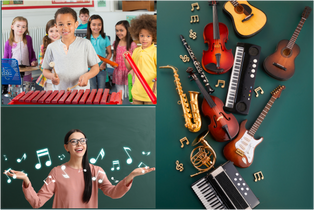 Collage of Music Teacher singing, children playing instruments, and a line of different instruments