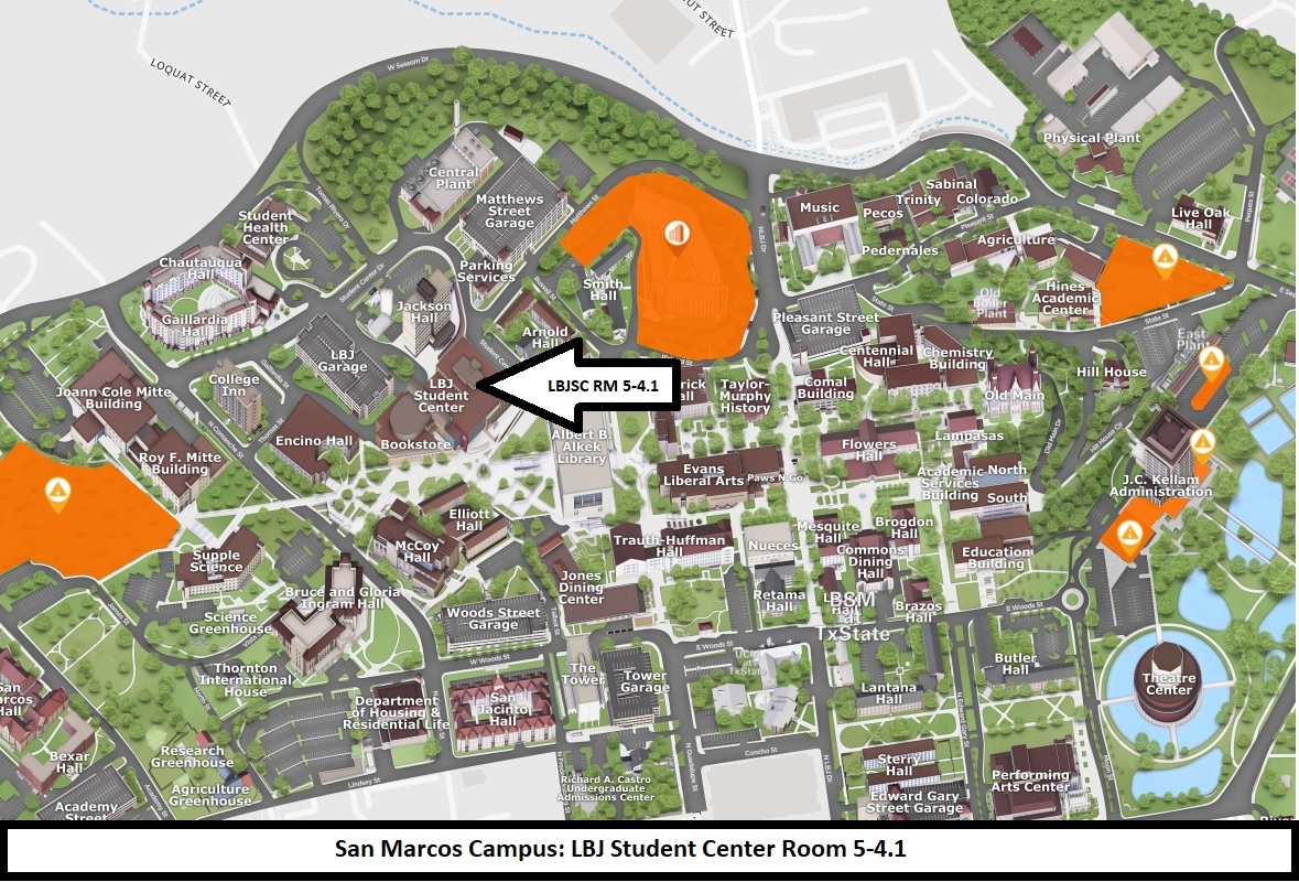 Map of San Marcos Campus with arrowing pointing to LBJ Student Center with text stating room 5-4.1