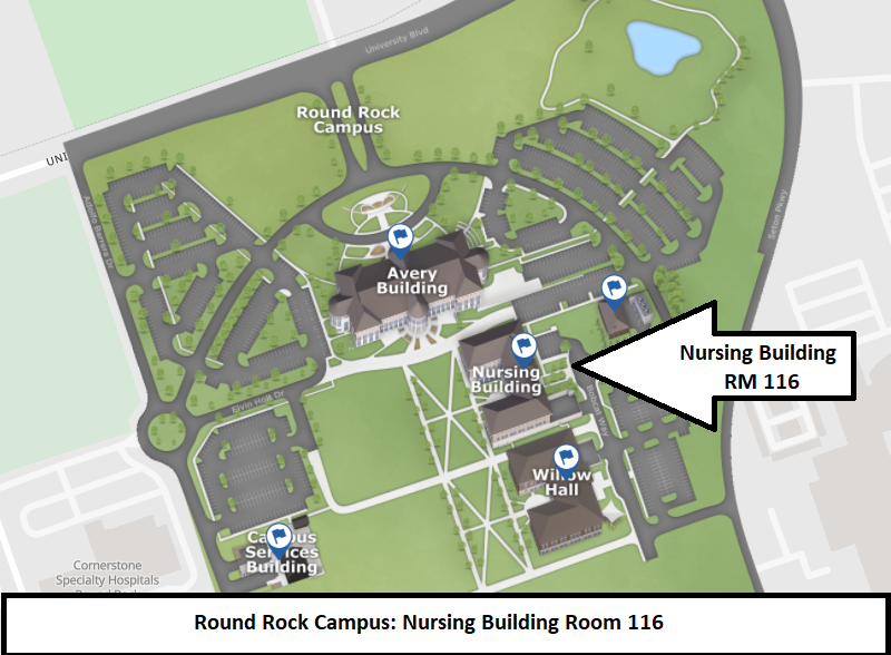 Round Rock campus map with arrowing pointing to Nursing Building with text stating Room 116