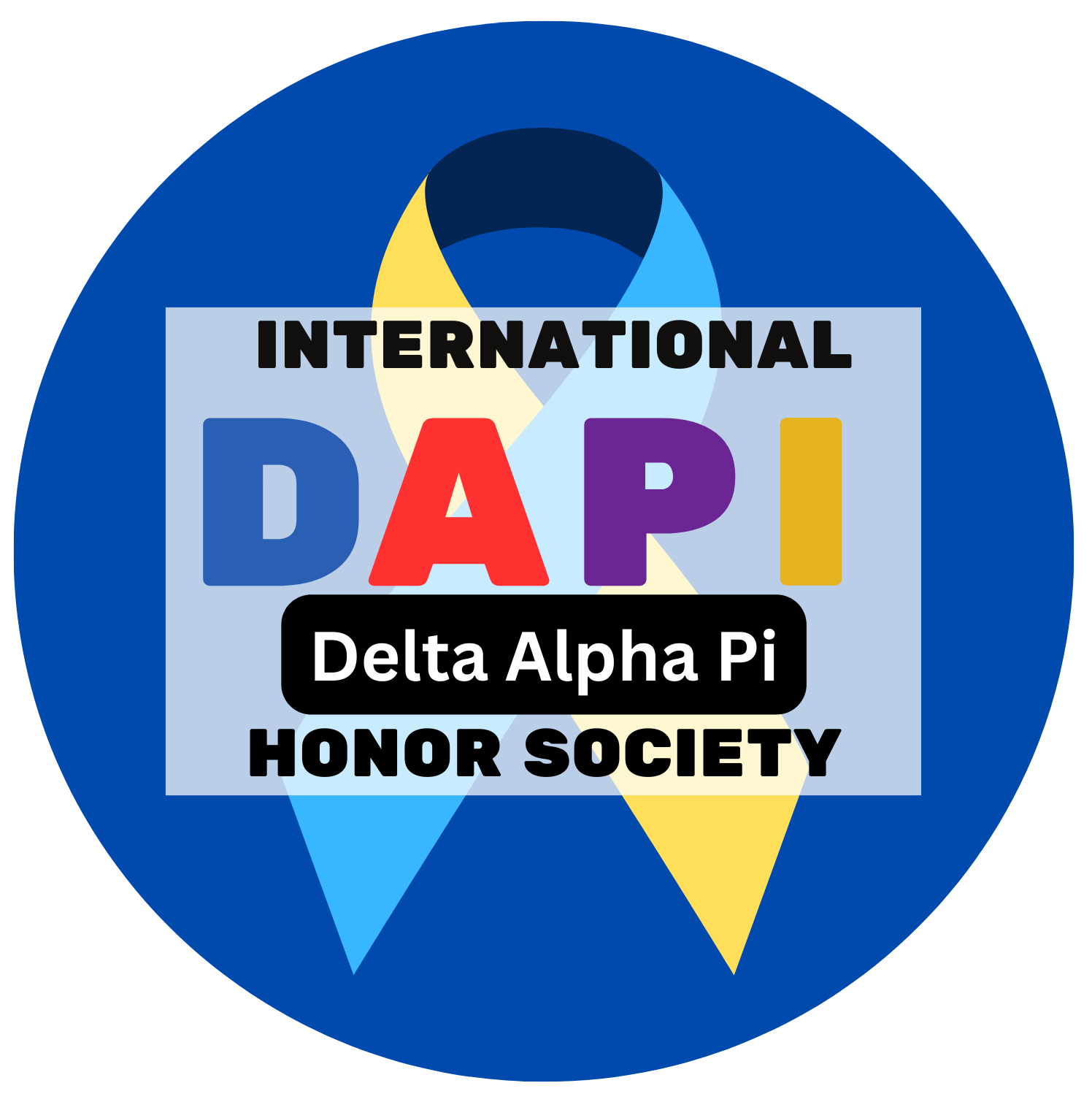 Logo with the text "International DAPI Delta Alpha Pi Honor Society" over a light blue and yellow ribbon with a royal blue background.
