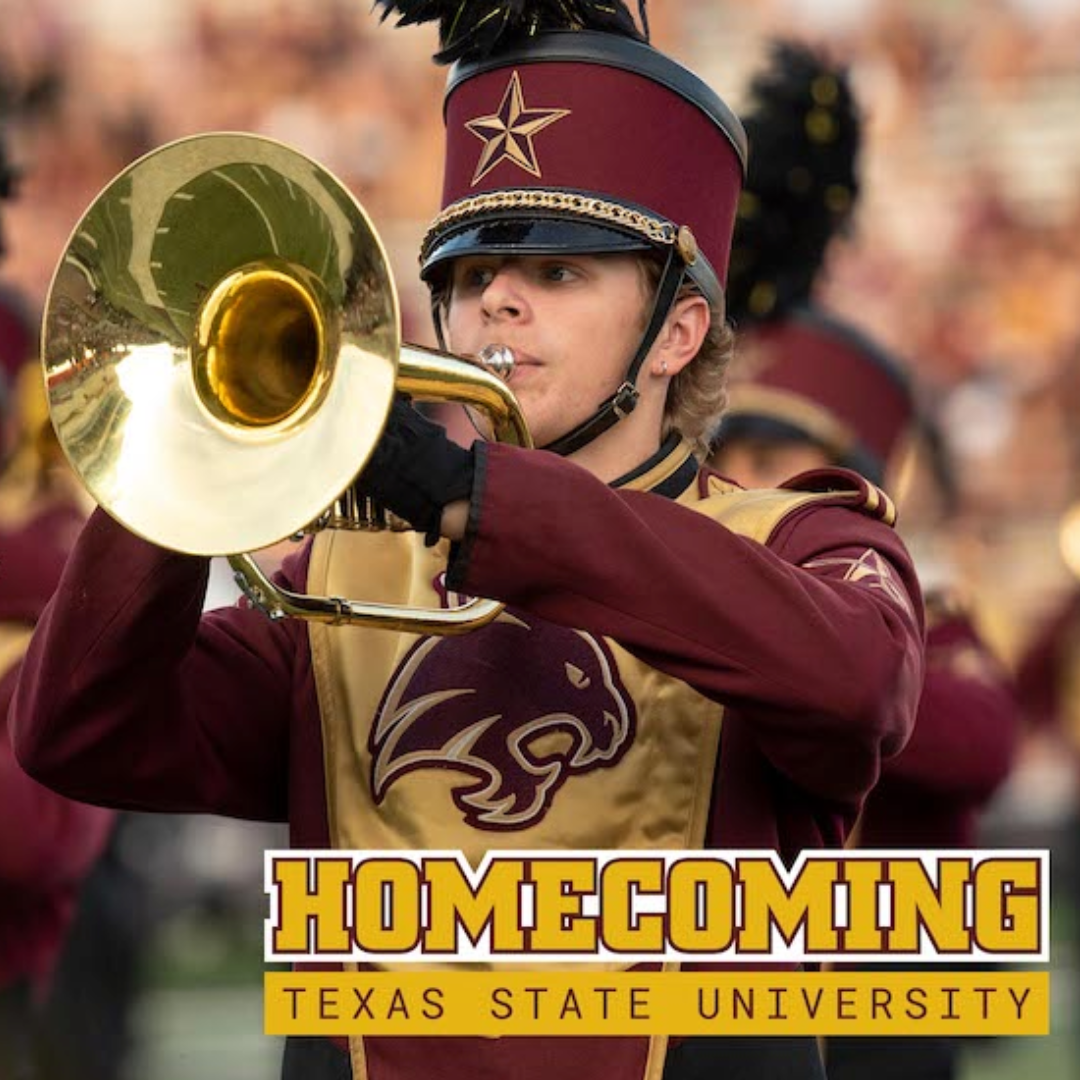 Bobcat Band Member image with Homecoming Texas State University graphic on top links out