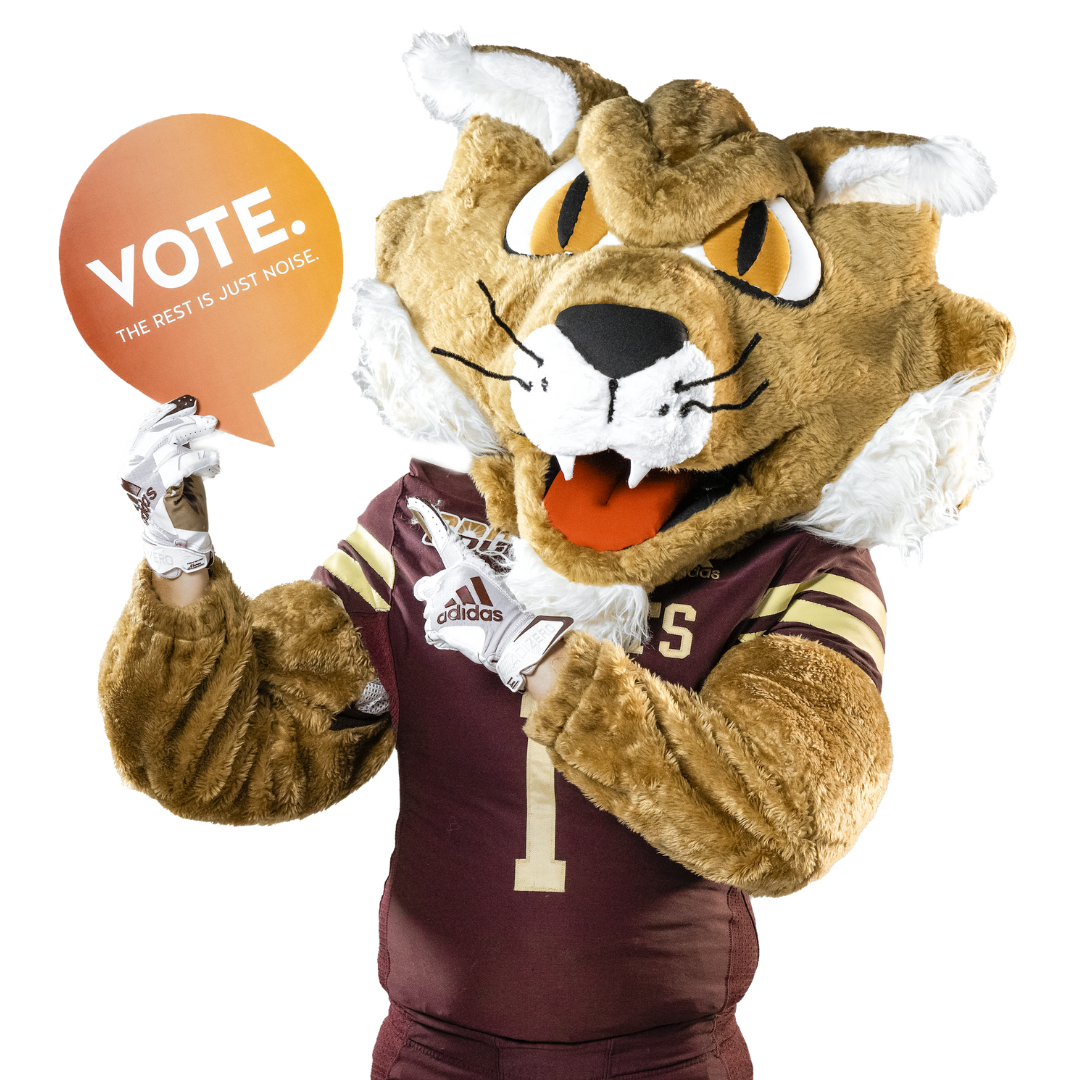 Boko the Mascot holding a Vote sign links to voter information content