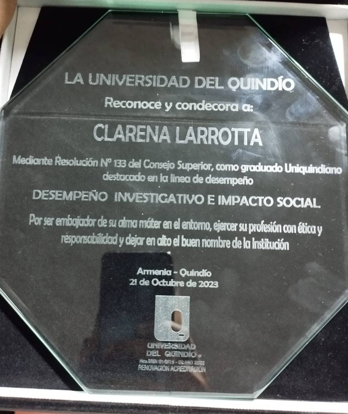Dr. Larrotta  Receives Distinguished Alumni Award from the University of Quindio, Armenia, Columbia!