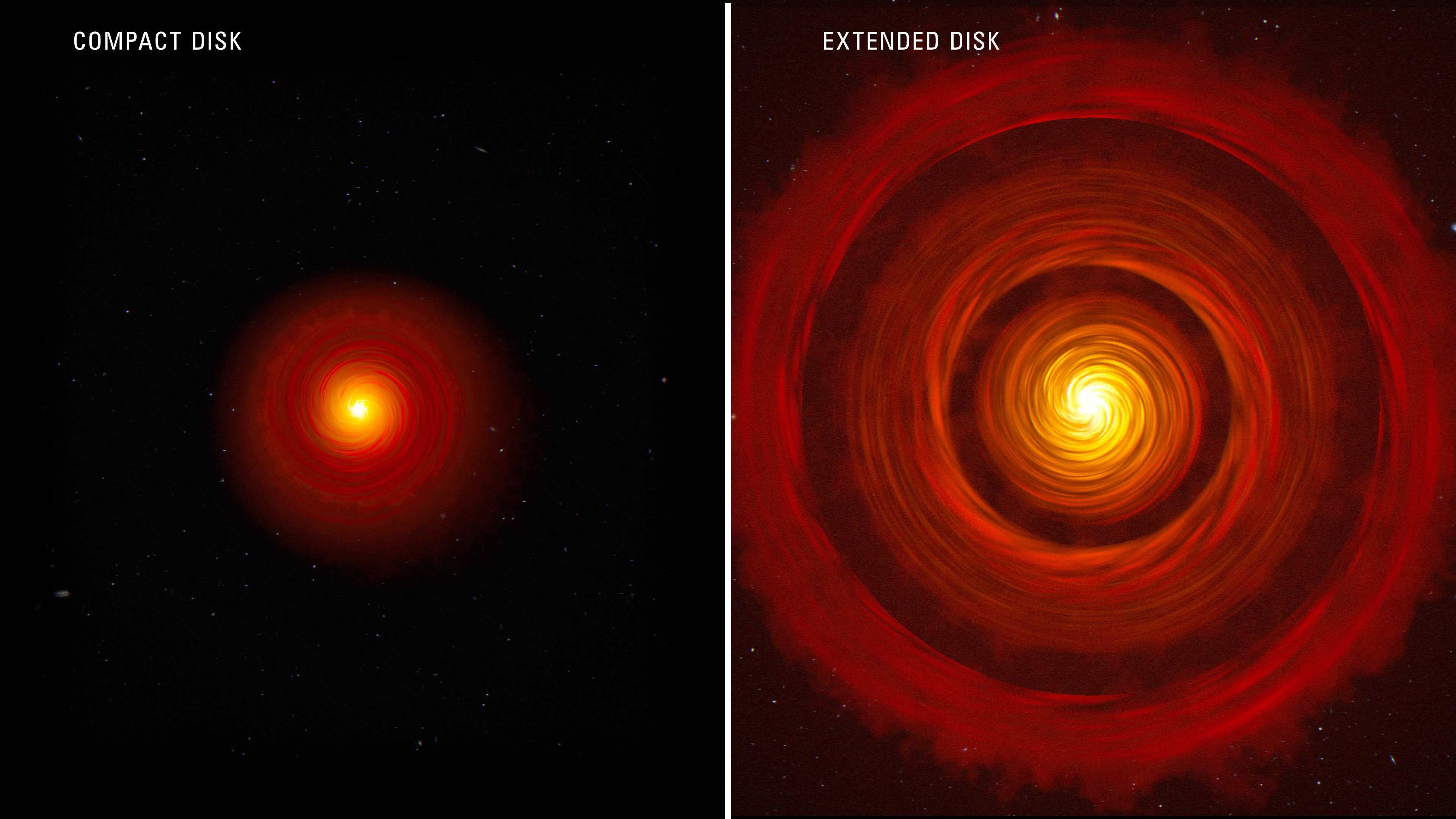 This artist’s concept compares two types of typical, planet-forming disks around newborn, Sun-like stars. On the left is a compact disk, and on the right is an extended disk with gaps.