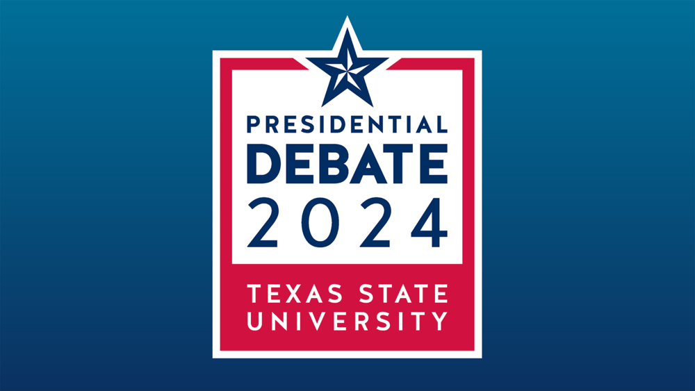 Presidential Debate 2024 -Texas State University logo on a blue background 