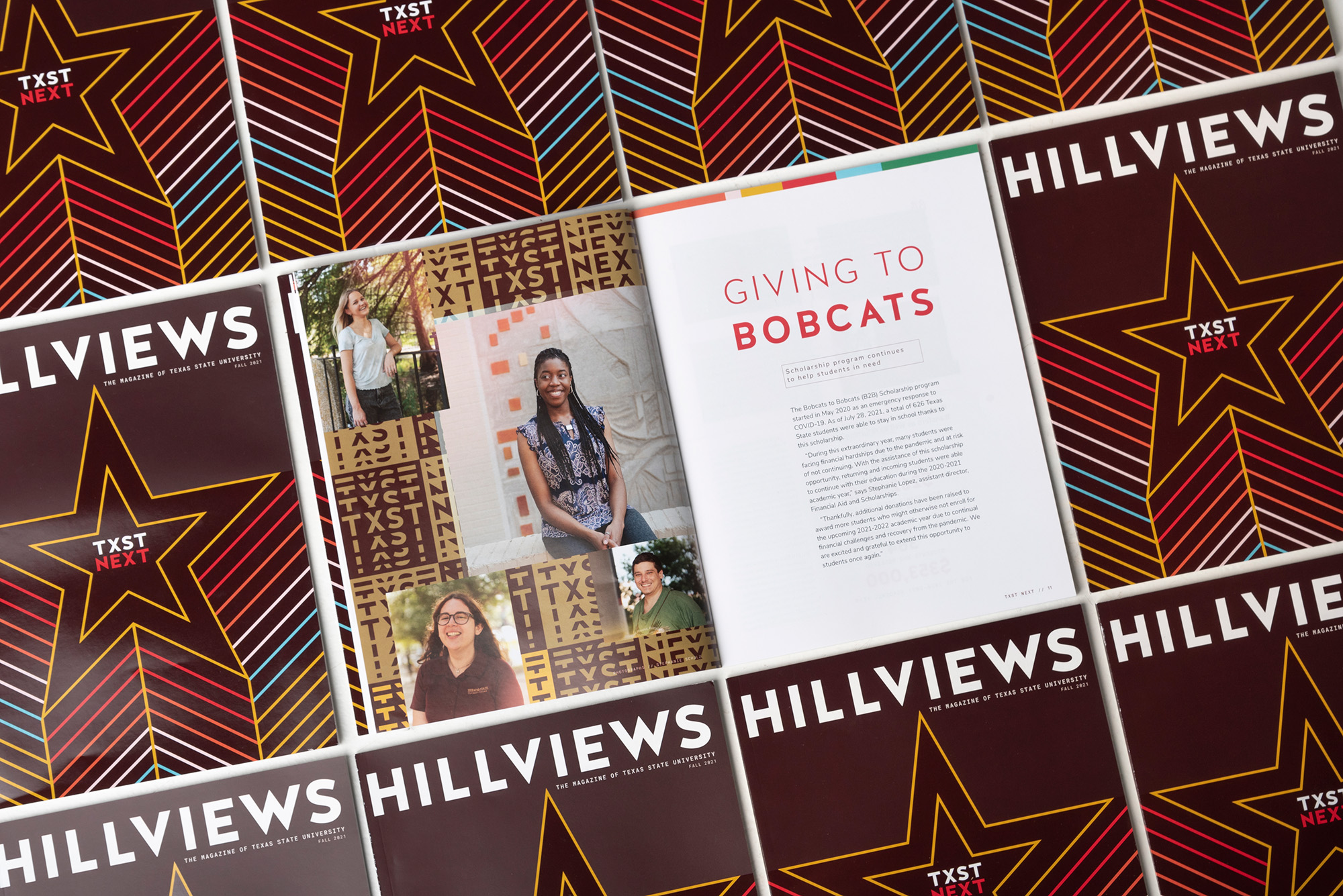 Multiple copies of Hillviews magazine with one page opened to "Giving to Bobcats" story