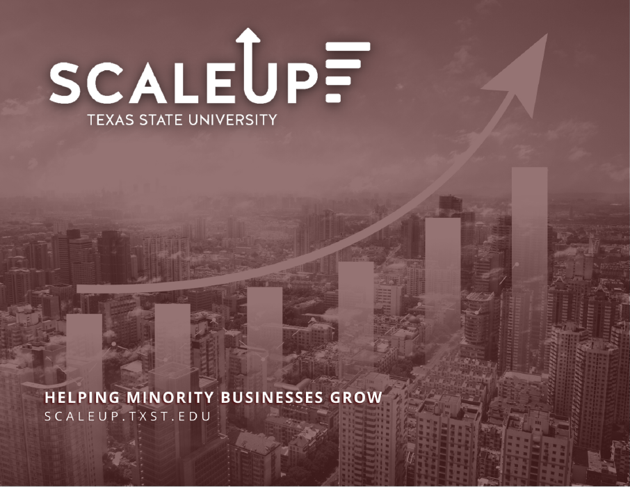 Image of the SCALEUP flyer. Image depicts a city in the background with a increasing bar graph in the foreground.