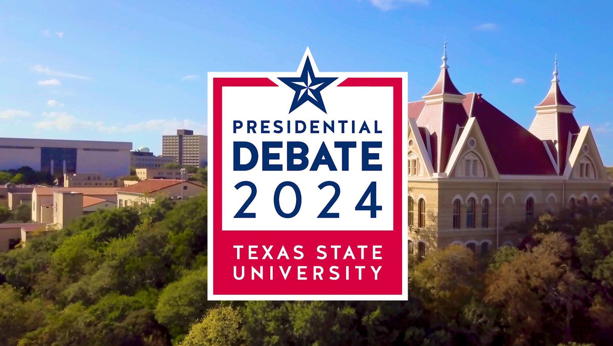 The TXST Debate logo in front of a picture of Old Main.