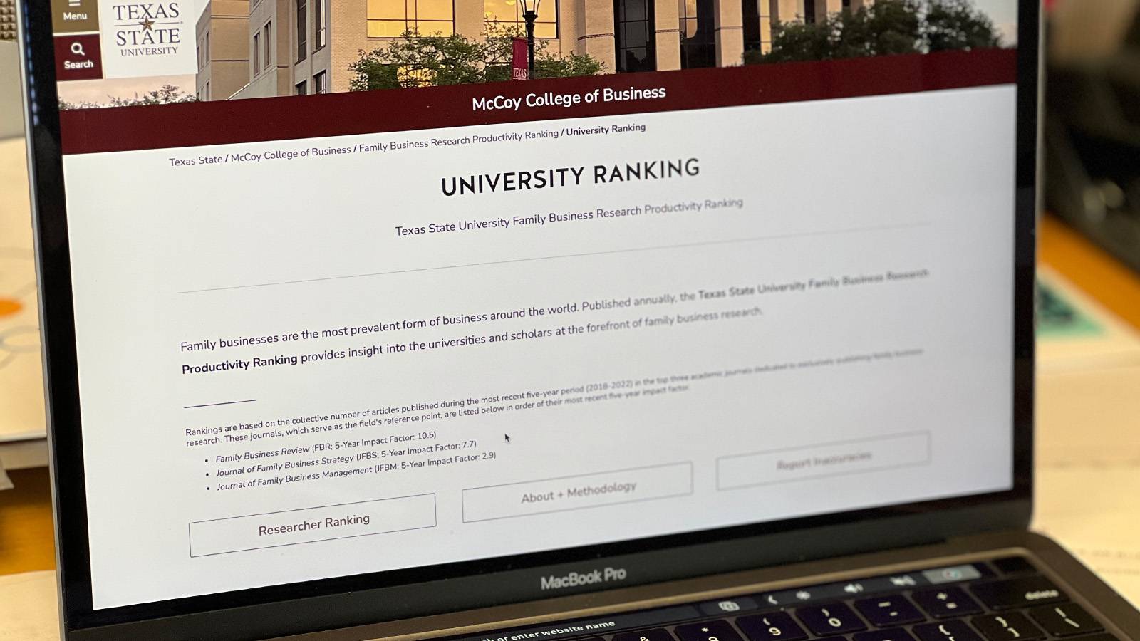 Laptop browser open to Family Business Research Productivity Ranking