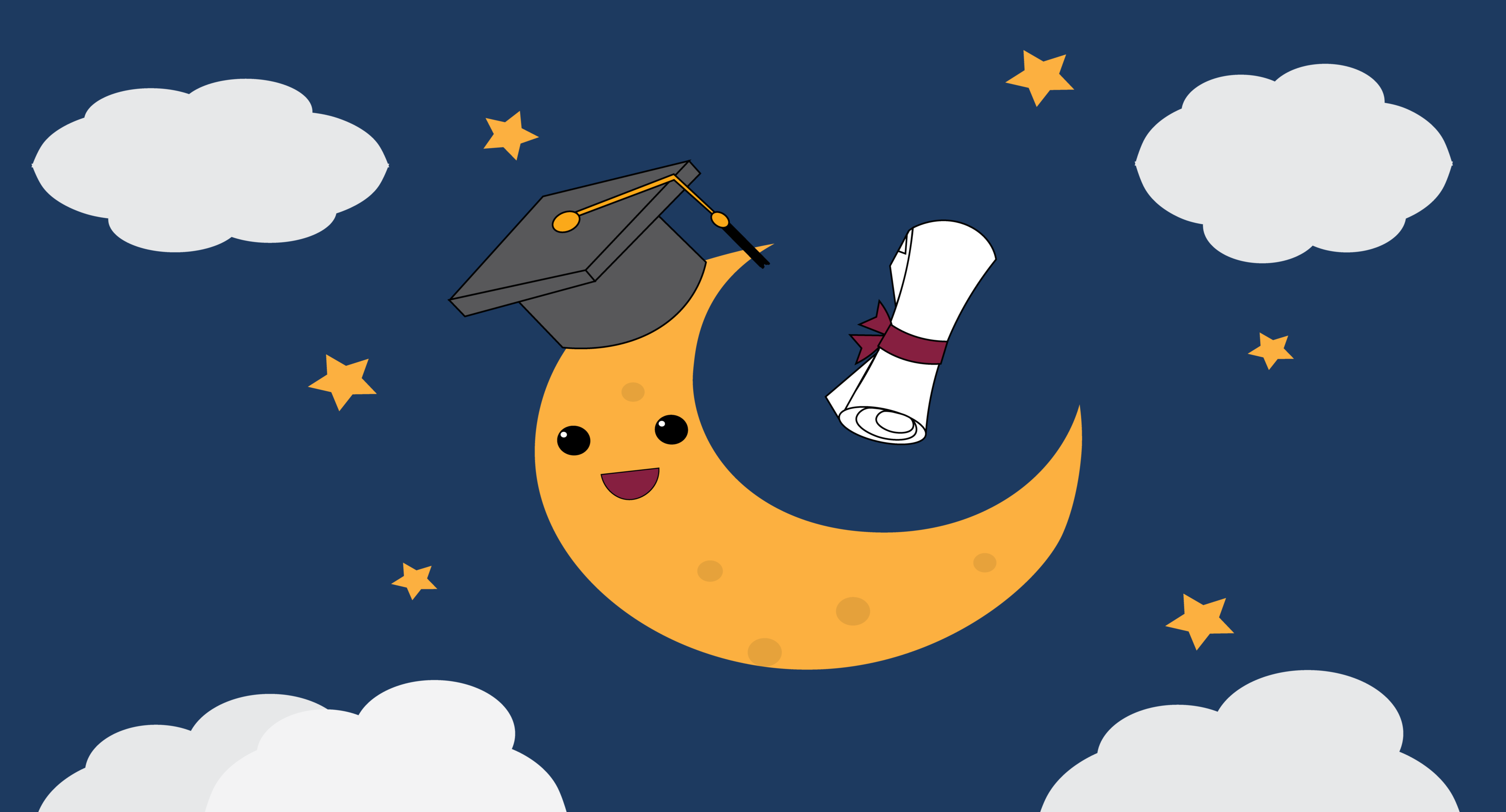 Illustration of a moon with a happy face, holding a diploma