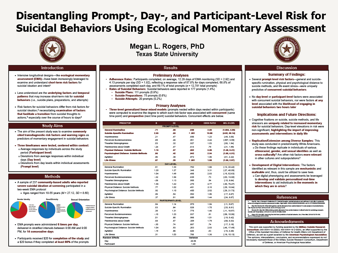 Graphic of poster winner 3 titled: Disentangling Prompt-, Day-, and Participant-Level Risk for Suicidal Behaviors Using Ecological Momentary Assessment