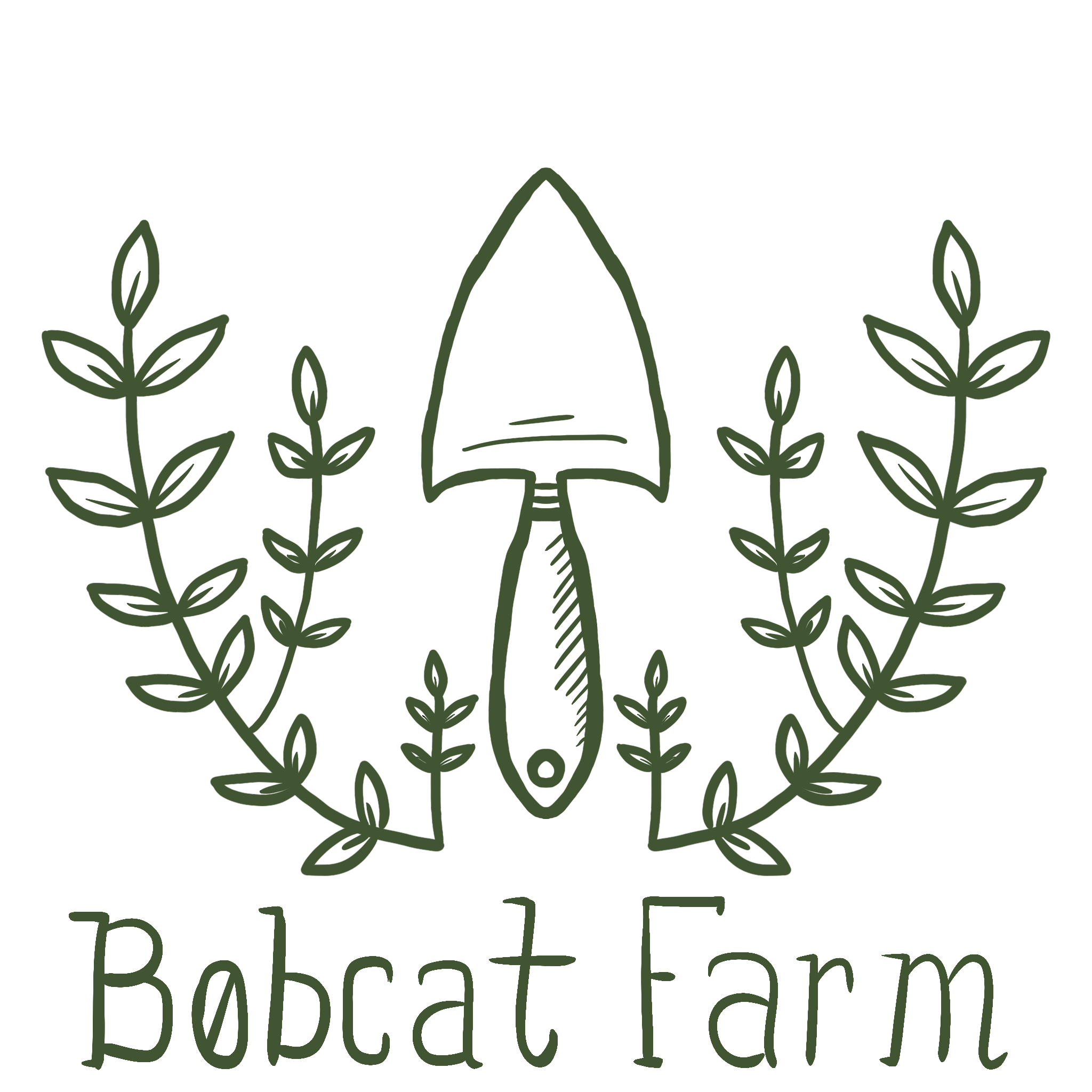 2023 Bobcat farm logo. Digitally rendered line drawing in forest green color. Drawing is of a garden trowel between two vines pointed upward on top of handwritten "bobcat farm"