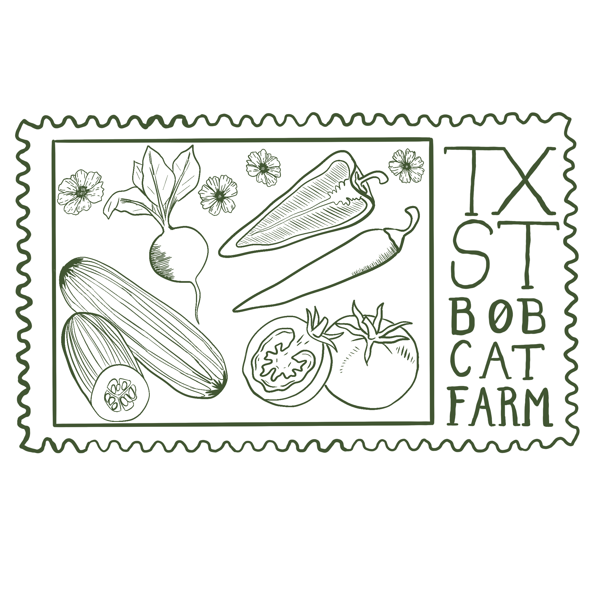 Alternate Bobcat Farm Design, Green. Forest green line-art postage stamp with drawn vegetables and flowers, and "TXST Bobcat Farm" on right side of the stamp design. 