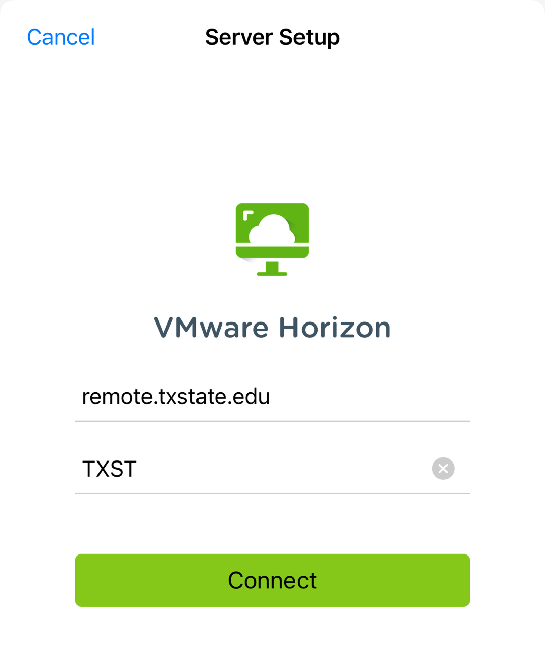 VMware Horizon page with remote.txstate.edu being in  the text field
