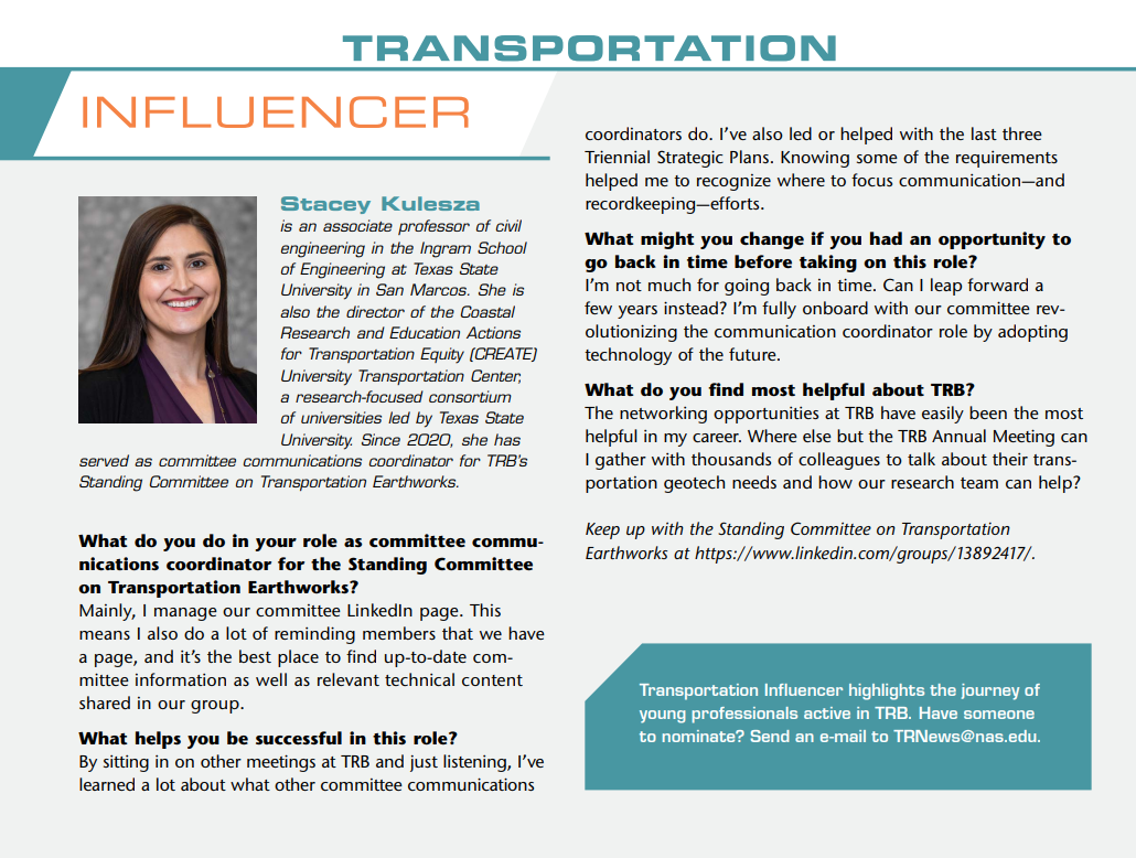 Transportation Influencer Dr. Stacey Kulesza highlights the journey of young professionals active in TRB