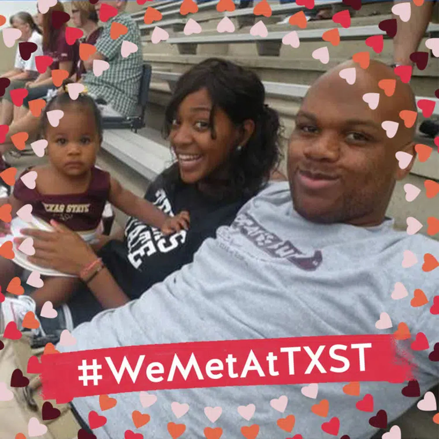 Couple with baby, with frame overlay that says #WeMetAtTXST