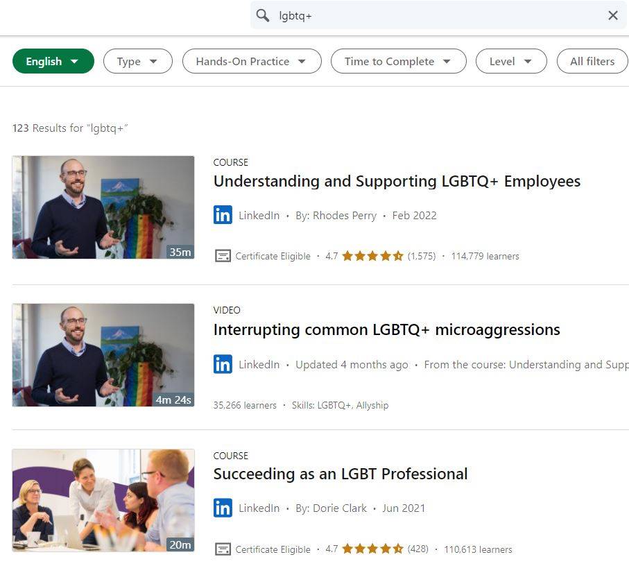 Screenshot of LinkedIn website showing modules about LGBTQ+ inclusion at work