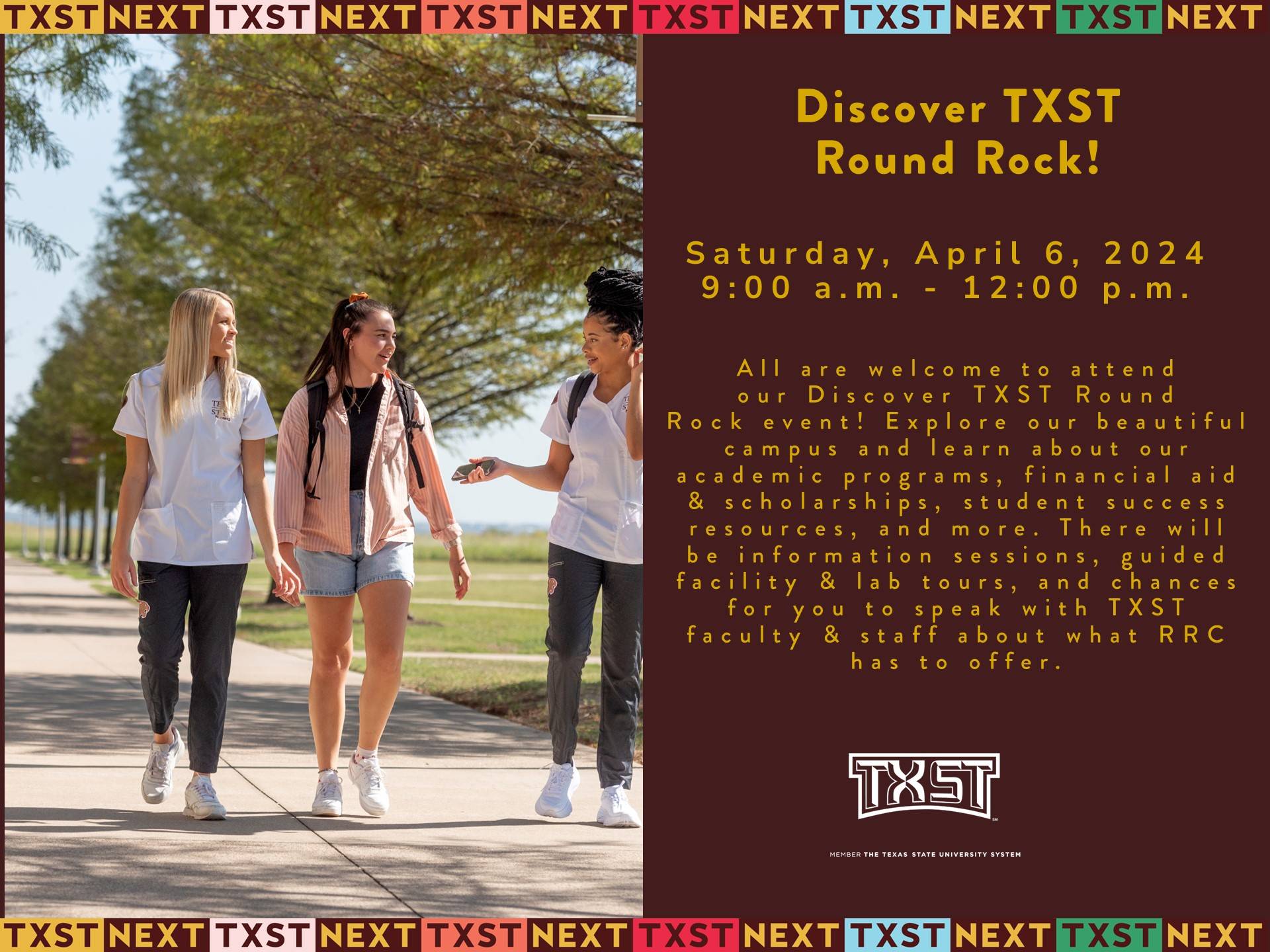 Students walking on Round Rock Campus for April 6 recruitment event announcement
