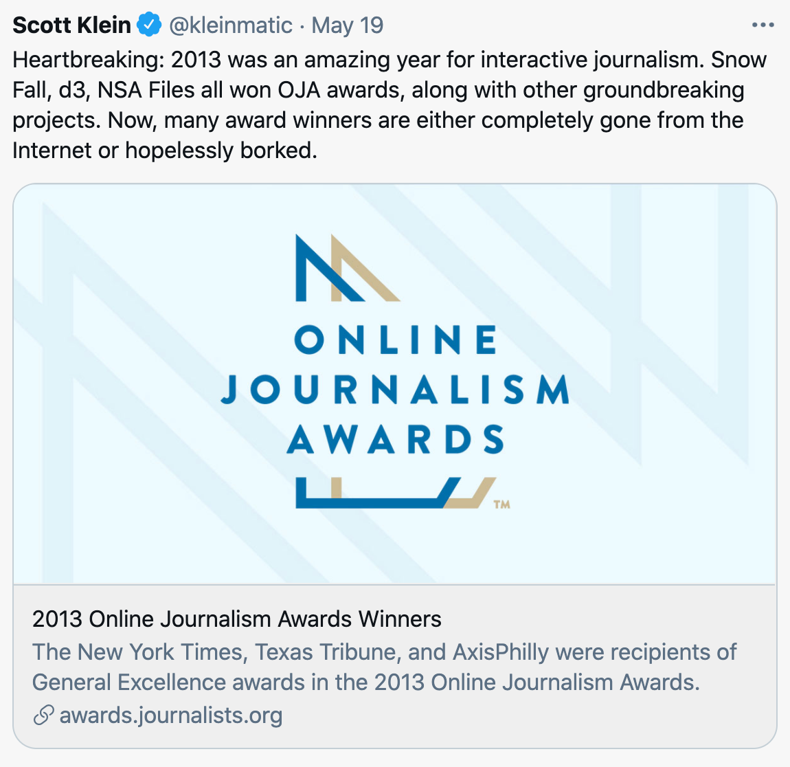 Scott Klein tweet about Online Journalism Awards