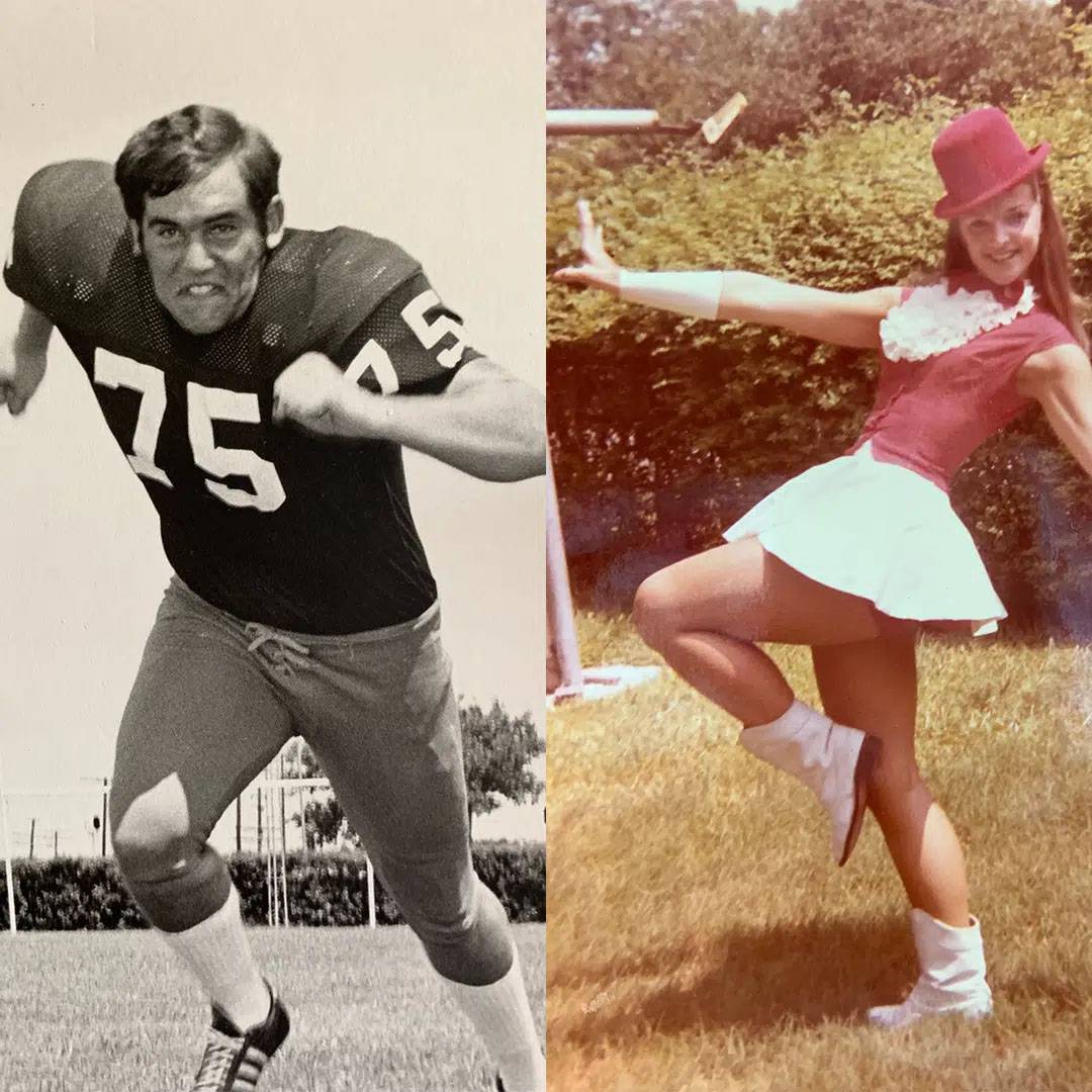 side by side photo of man in football uniform running and woman in strutters uniform posing