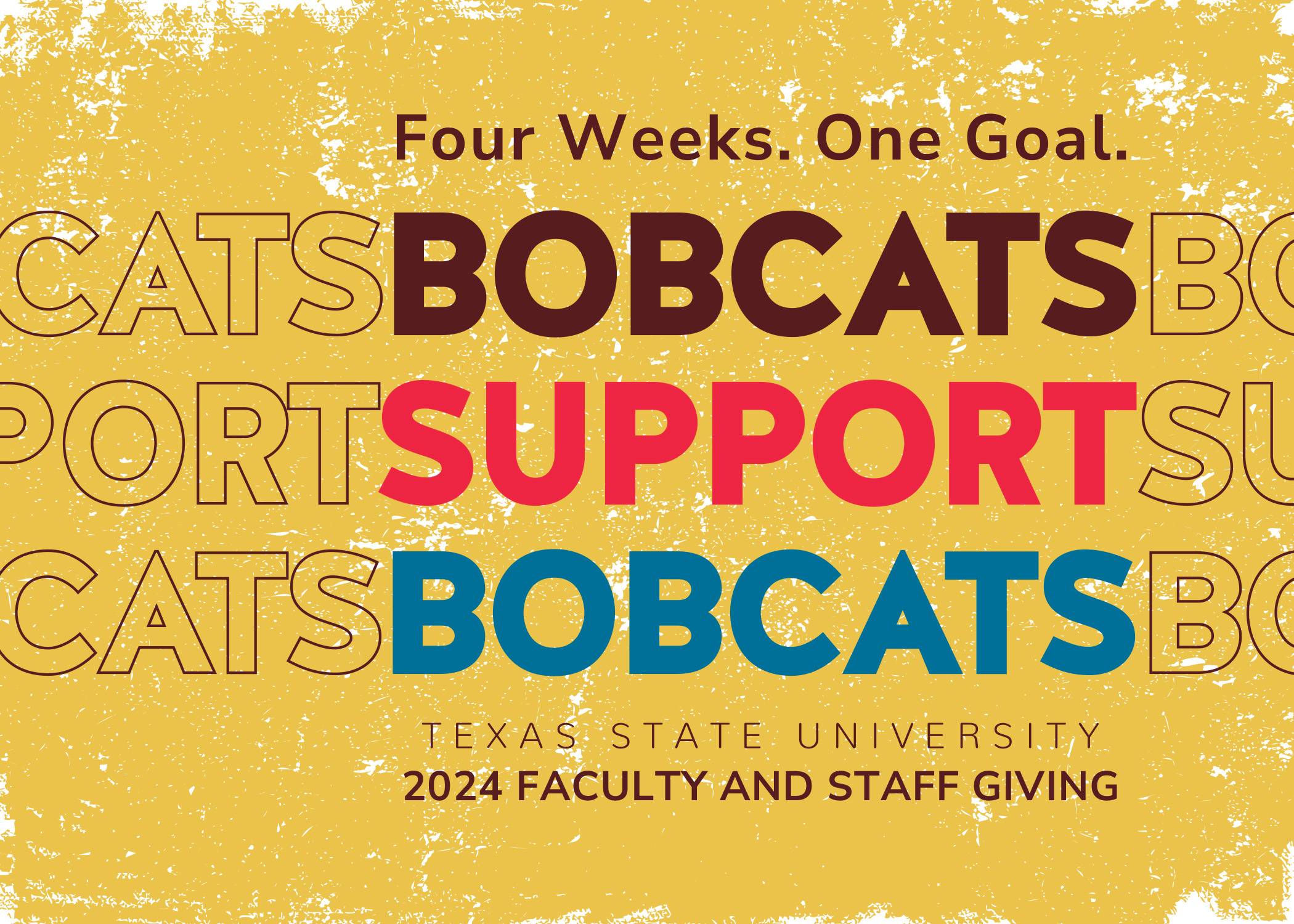 Gold color postcard with text reading "four weeks, one goal, bobcats support bobcats, 2024 faculty and staff giving"