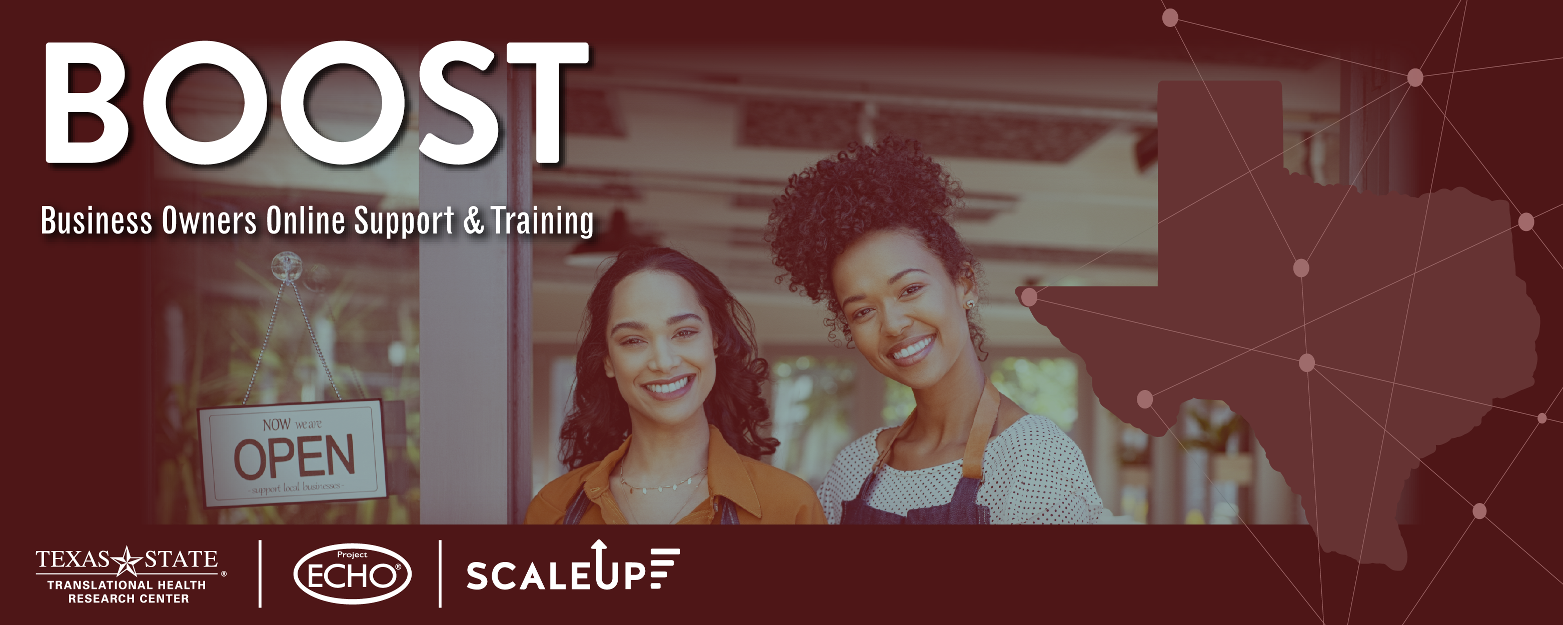 BOOST graphic with two women standing in front of their shop.